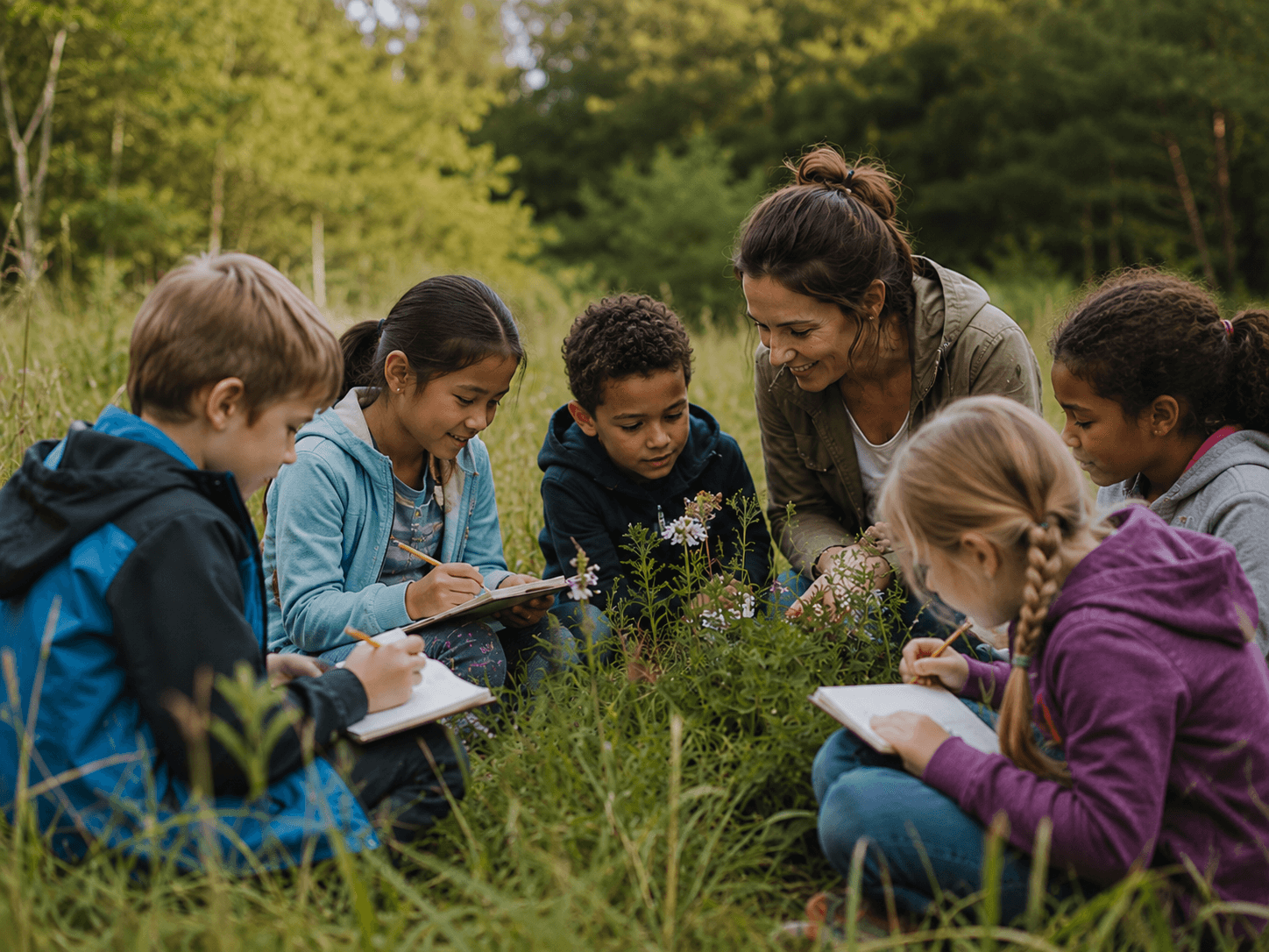 Des enfants observent la nature et prennent des notes avec leur enseignante.