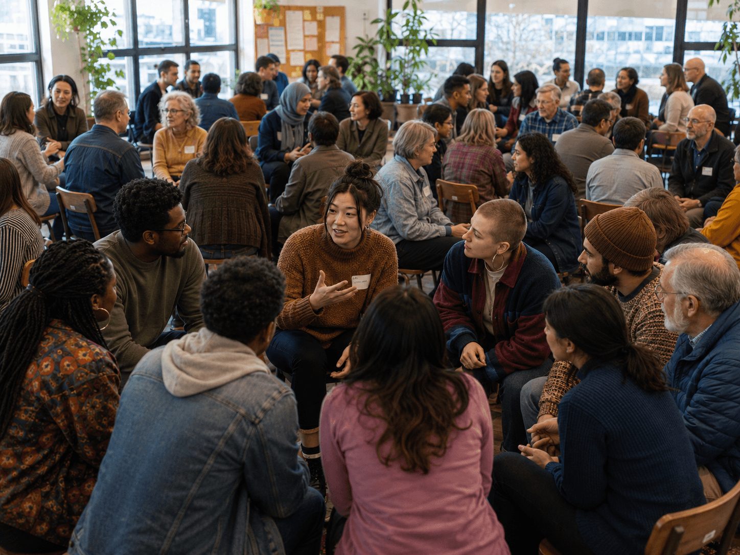 Des citoyennes et citoyens réunis en cercle pour échanger lors d'une rencontre du parti de l'École.